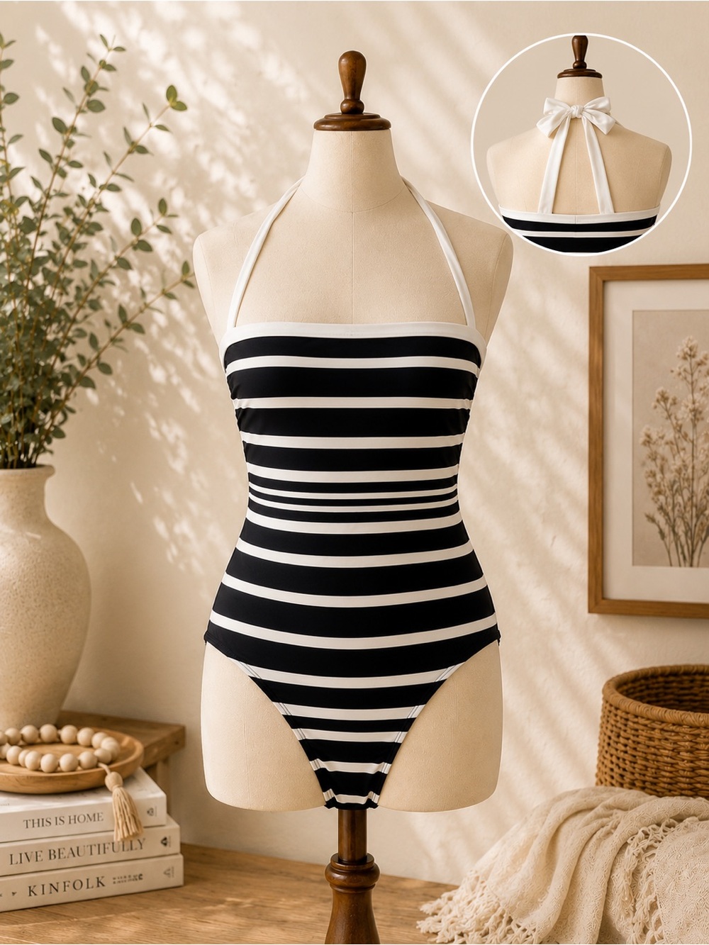 Ralph Lauren Black and White Striped Halter One-Piece Swimsuit Size 14 EUC
